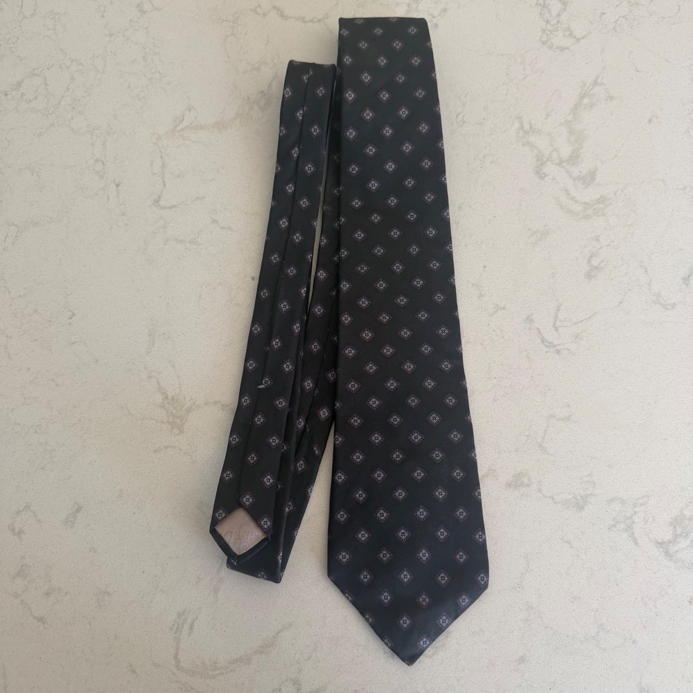 Christian Dior Monsieur Silk Tie Black Medallion Geometric Pattern Vintage Mens